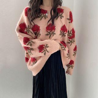 Floral Print Sweater / Shirred Midi A-line Skirt