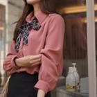 Bishop-sleeve Blouse With Patterned Scarf