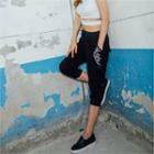 Band-waist Lettering Cropped Pants Black - One Size