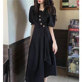 Button Detail Elbow-sleeve Midi A-line Dress