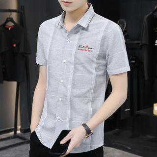 Short-sleeve Plaid Letter Embroidered Shirt