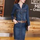 Long-sleeve Henley Denim Sheath Dress