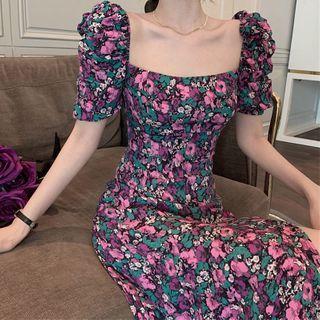 Puff-sleeve Floral Print A-line Midi Dress As Shown In Figure - One Size