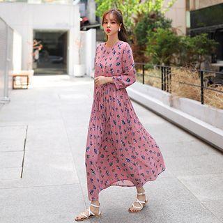 Accordion-pleat Floral Chiffon Maxi Dress