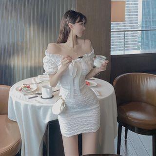 Puff-sleeve Off-shoulder Frill Trim Mini Bodycon Dress