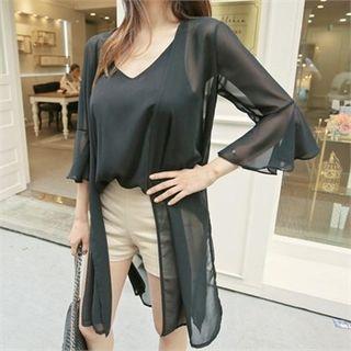 Ruffle-cuff Open-front Sheer Cardigan