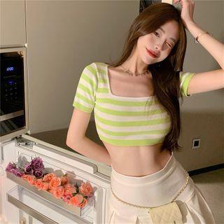 Short-sleeve Striped Knit Top Stripe - Green - One Size