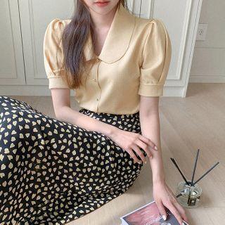 Round-collar Button-trim Knit Top Yellow - One Size