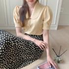 Round-collar Button-trim Knit Top Yellow - One Size