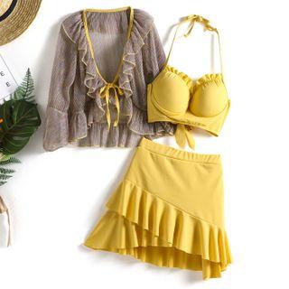 Set: Bikini Top + Ruffle Hem Swim Skirt + Tie-front Ruffled Jacket