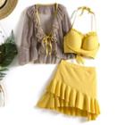 Set: Bikini Top + Ruffle Hem Swim Skirt + Tie-front Ruffled Jacket