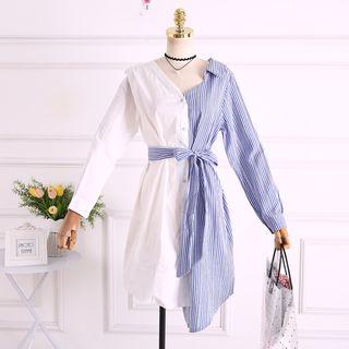 Striped Panel Long Sleeve Shirt Dress