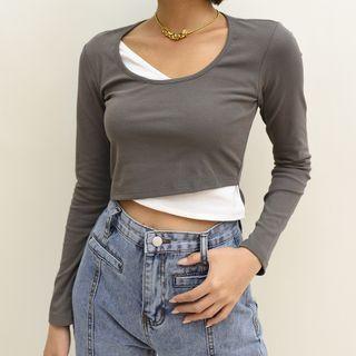 Asymmetrical Mock Two-piece Crop T-shirt