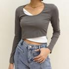 Asymmetrical Mock Two-piece Crop T-shirt