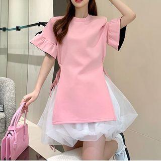 Elbow-sleeve Slit Top / Sheer A-line Skirt