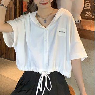 Elbow-sleeve Hooded Button-up Top