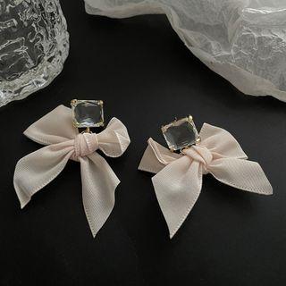 Rhinestone Bow Dangle Earring 1 Pair - Earrings - Bow - Rhinestone - Silver Pin - White - One Size