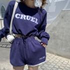 Lettering Drawstring Cropped Long-sleeve Top / Contrast Trim Wide-leg Shorts