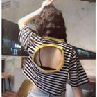 Striped Cutout-back Elbow-sleeve Shirt As Shown In Figure - One Size