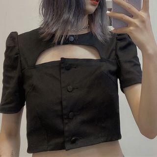 Puff-sleeve Cutout Buttoned Crop Top Black - One Size