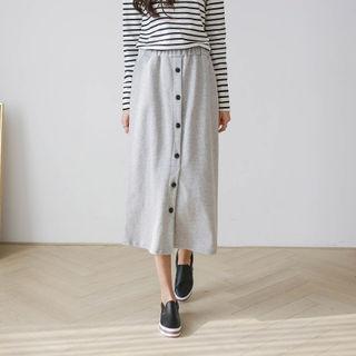 Band-waist Button-front Long Skirt