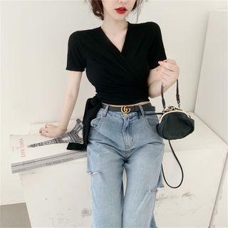 Short-sleeve Tie-waist Crop Top / Cutout Straight Leg Jeans