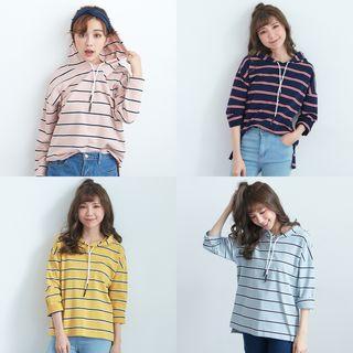 Long Sleeve Drawstring Striped Hooded Top