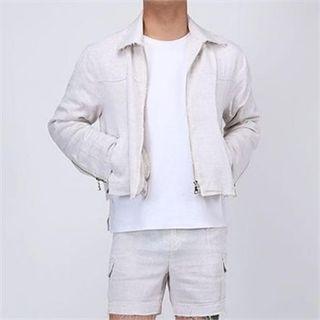 Zip-up Frayed Herringbone Cropped Jacket