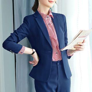 Set: Slim-fit Dress Pants + Striped Shirt + Buttoned Blazer