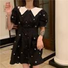 Short-sleeve Wide Collar A-line Dress Black - One Size