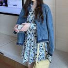 Denim Jacket / Puff-sleeve Floral Print A-line Dress