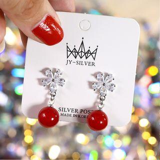 Rhinestone Flower & Bead Dangle Earring 1 Pair - Silver - One Size