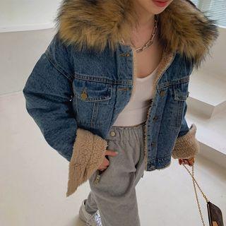 Detachable Faux-fur Fleece-lined Denim Jacket Blue - One Size