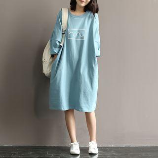 Drop-shoulder Cropped-sleeve Print T-shirt Dress