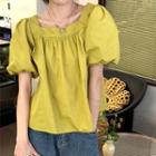 Puff-sleeve Square-neck Plain Top Fruit Green - One Size
