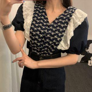 Puff-sleeve Frill Trim Embroidered Top