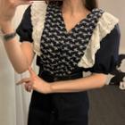 Puff-sleeve Frill Trim Embroidered Top