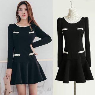Faux Pearl Long-sleeve A-line Dress
