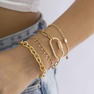 Set Of 4: Fringed Bracelet + Chain Bracelet + Hollow Bracelet + Disc Pendant Bracelet