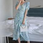 Floral Print Short-sleeve Drawstring Midi A-line Dress