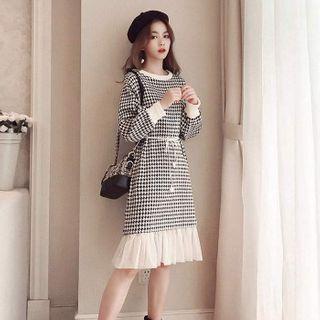 Long-sleeve Mesh Trim Gingham A-line Dress