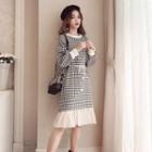 Long-sleeve Mesh Trim Gingham A-line Dress