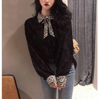 Leopard Print-panel Tie-neckline Furry Shirt