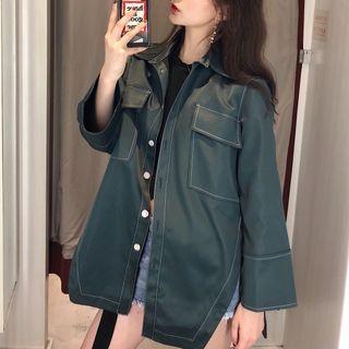 Plain Loose-fit Long-sleeve Midi Blouse Green - One Size