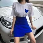 Short-sleeve Heart Print T-shirt / A-line Mini Skirt