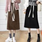 Elastic Waist Fleece-lined Back-slit Midi Skirt