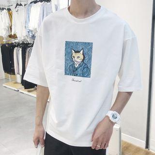 Cat Printed Elbow-sleeve T-shirt