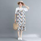 Set: Short-sleeve T-shirt + Spaghetti Strap Leaf Print Midi Dress
