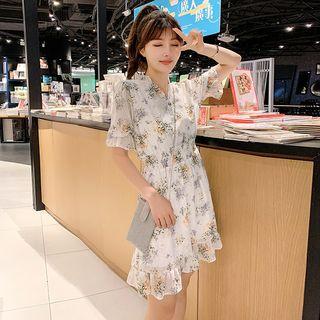 Flower Print Ruffle Short-sleeve A-line Dress