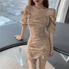 Elbow-sleeve Cold-shoulder Drawstring Mini Sheath Dress